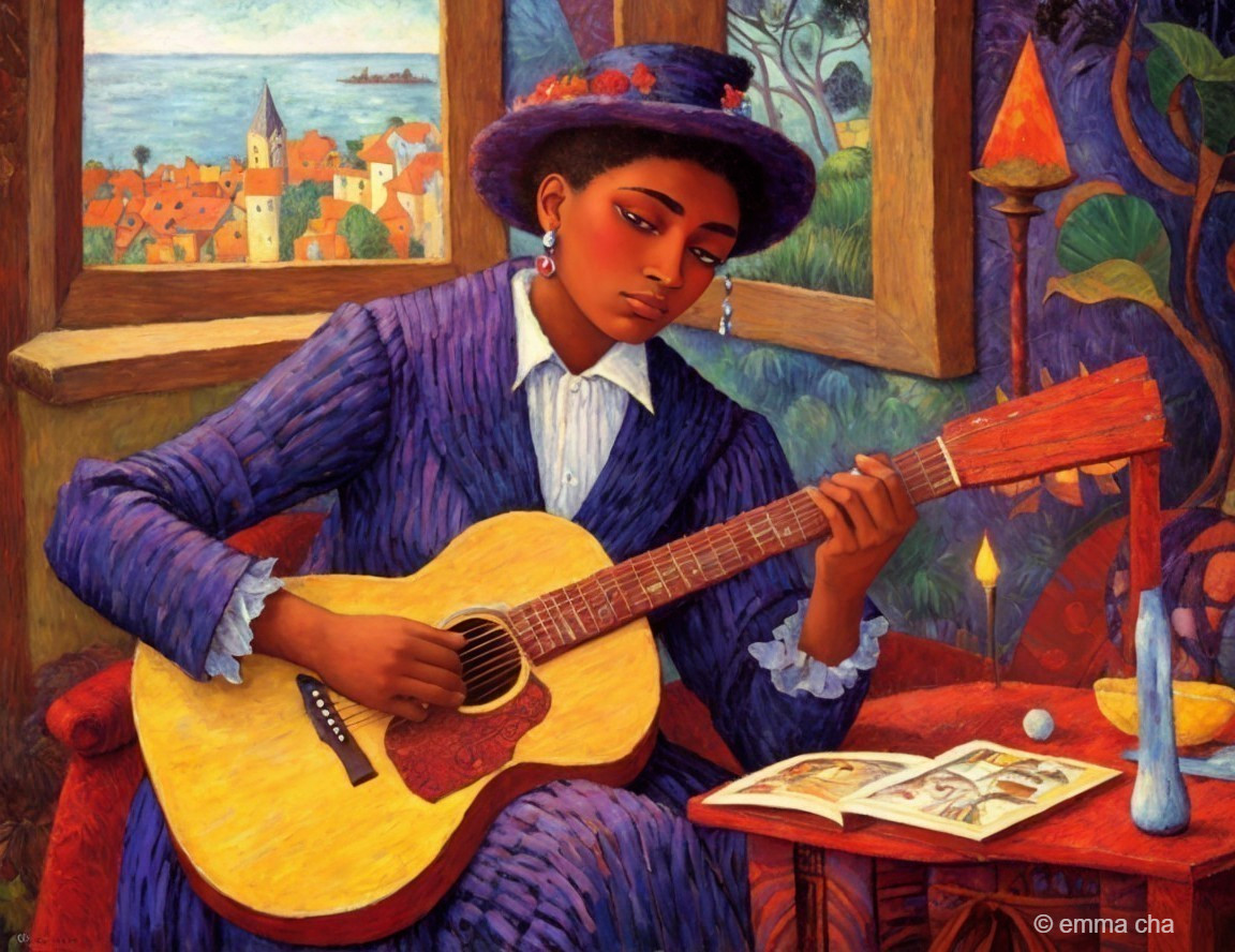 Young Woman Playing Guitar in Cozy Indoor Setting