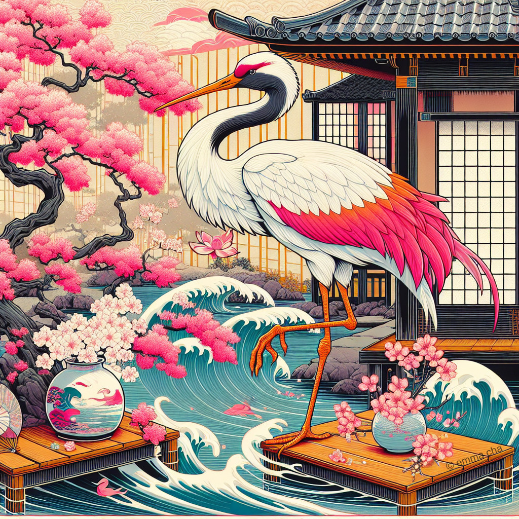 Majestic crane on dock with cherry blossoms and waves