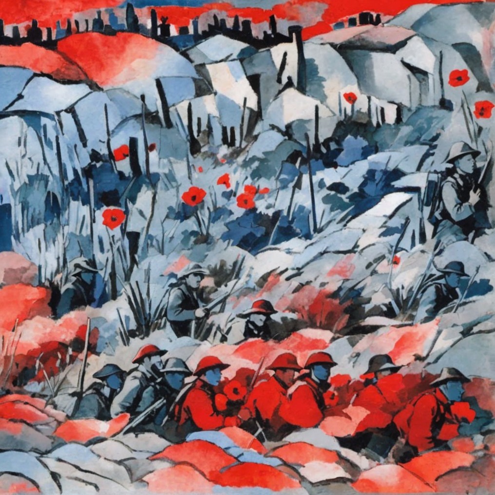 Soldiers in a War-Torn Landscape with Poppies