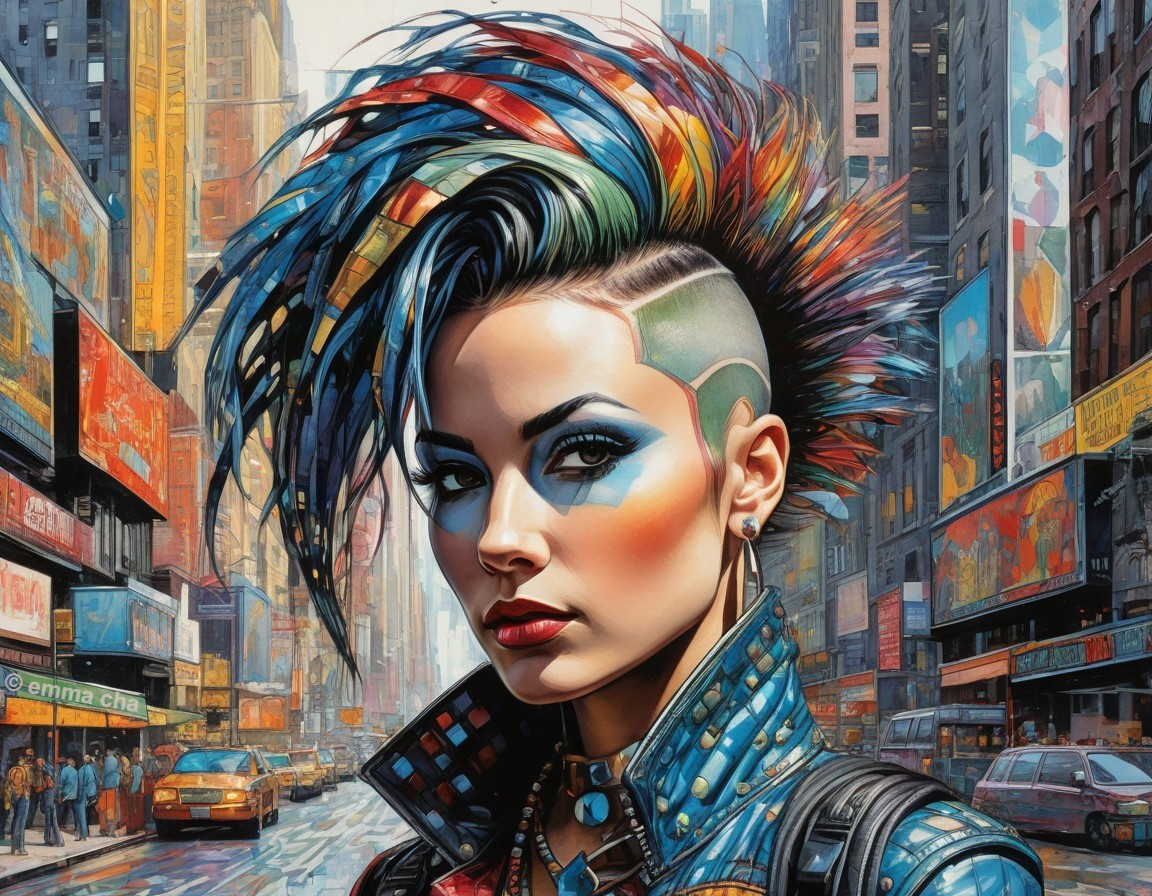 Vibrant Mohawk Hairstyle with Urban City Backdrop