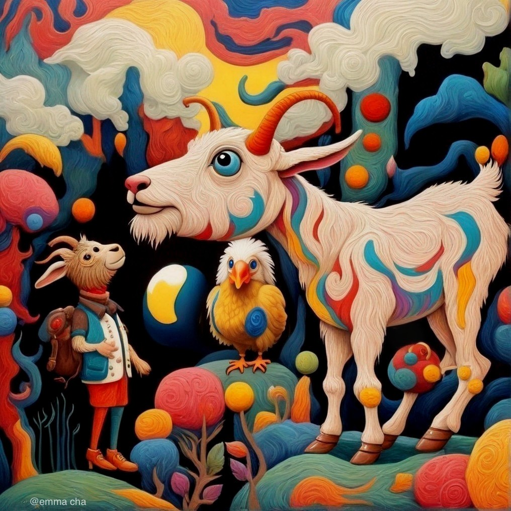 Whimsical Scene with Colorful Goat and Character