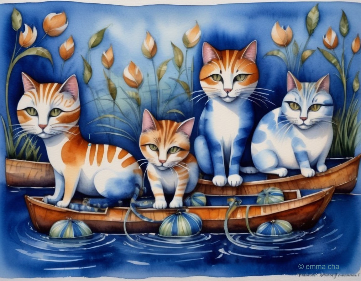 Colorful Cartoon Cats in a Wooden Boat with Water Lilies