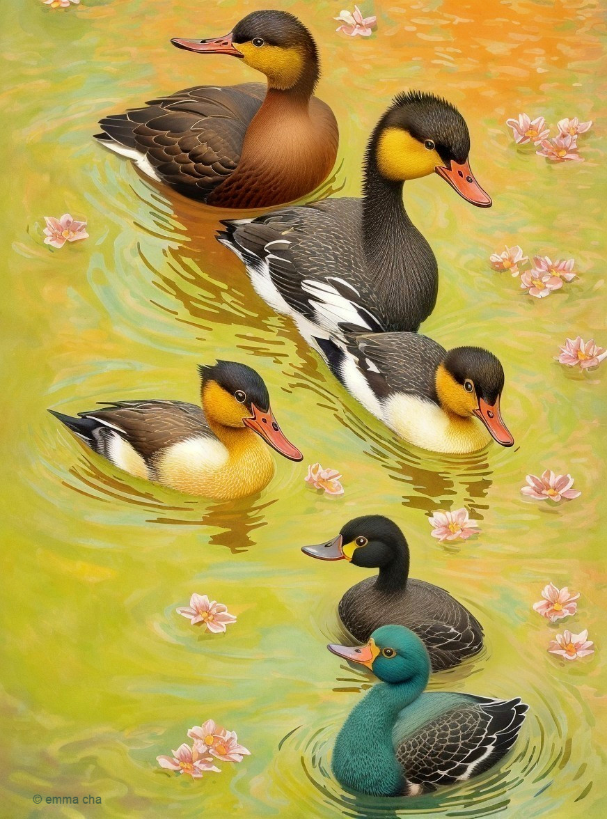 Colorful Ducks Swimming on a Tranquil Pond