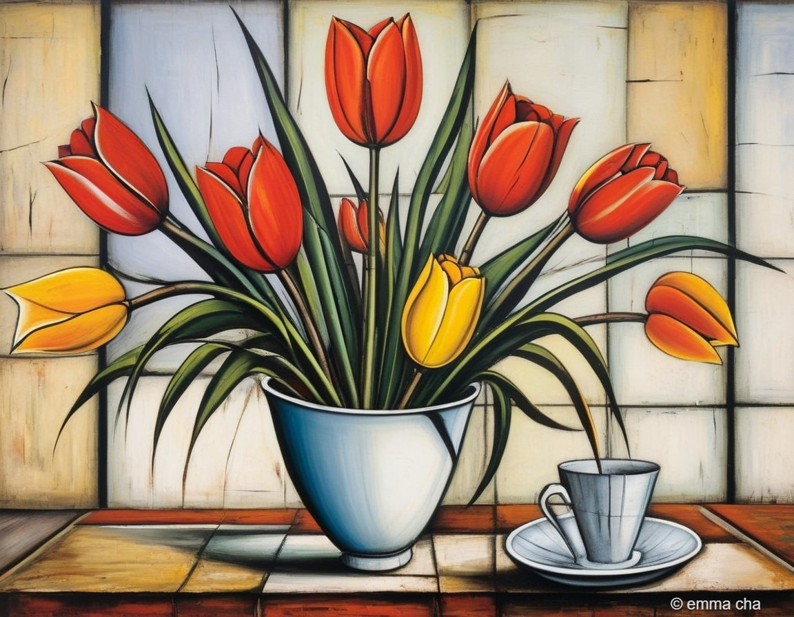 Vibrant Tulip Bouquet in White Bowl with Teacup