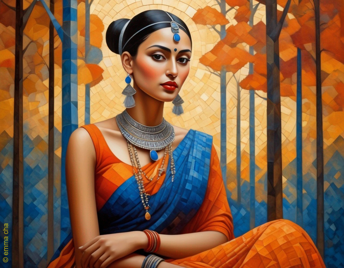 Portrait of a Woman in Vibrant Saree and Jewelry