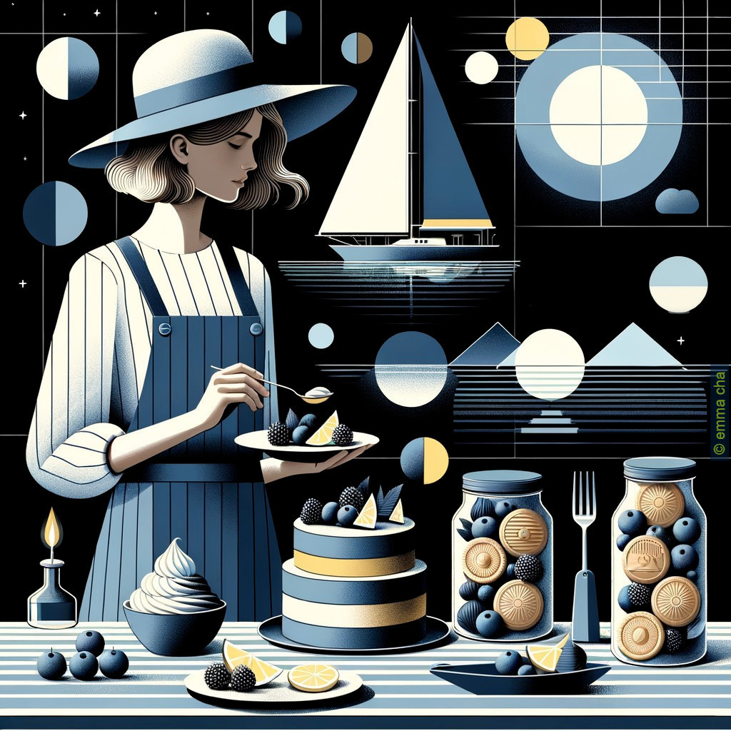 Woman at Table with Colorful Cake and Night Scene