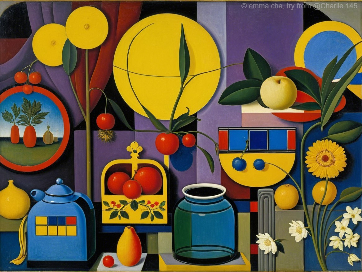 Vibrant Still Life with Geometric Shapes and Fruits