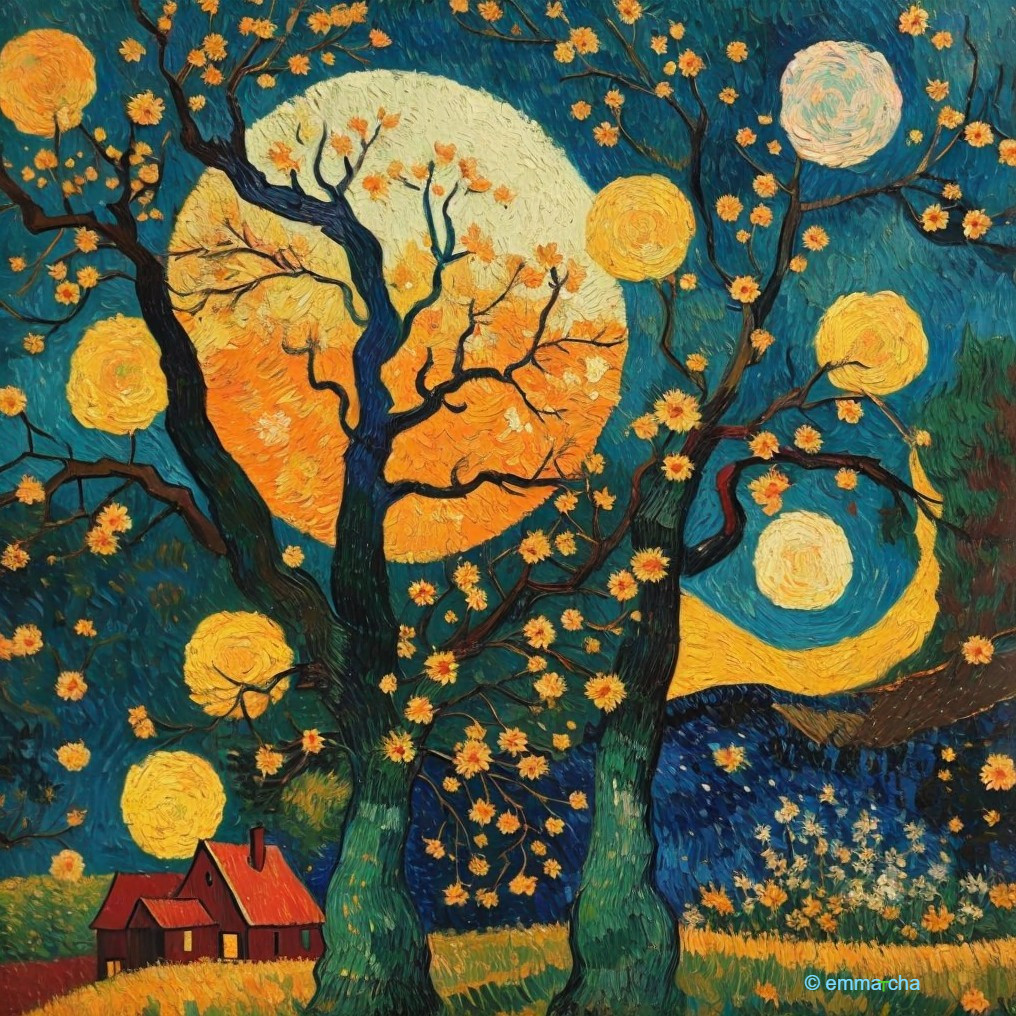 Vibrant Van Gogh-inspired painting: swirling starry sky, crescent moon, flourishing tree