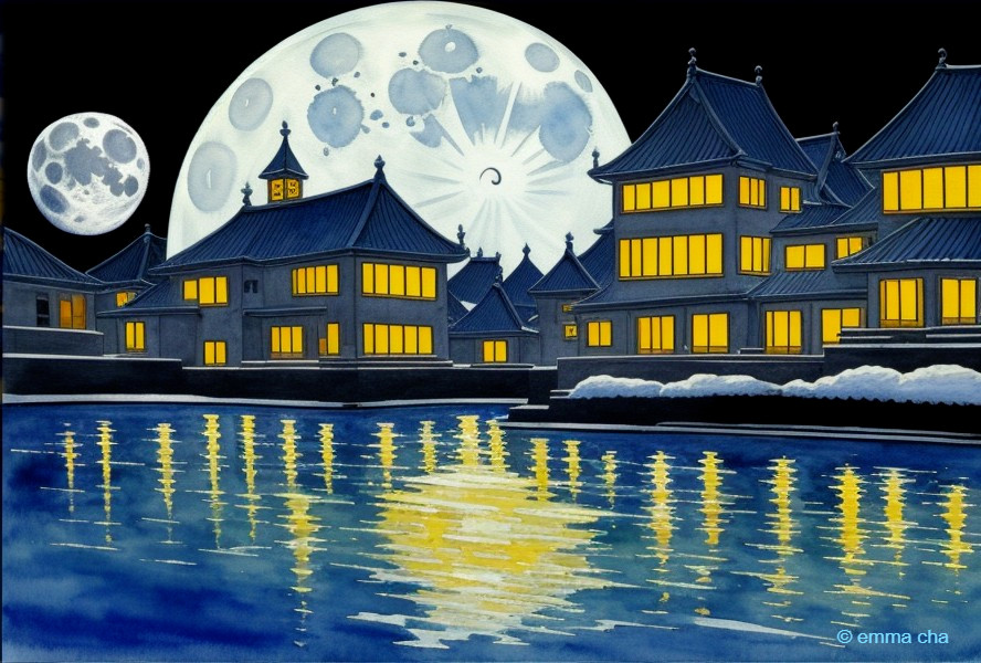 Traditional Buildings by Water at Night with Moonlight
