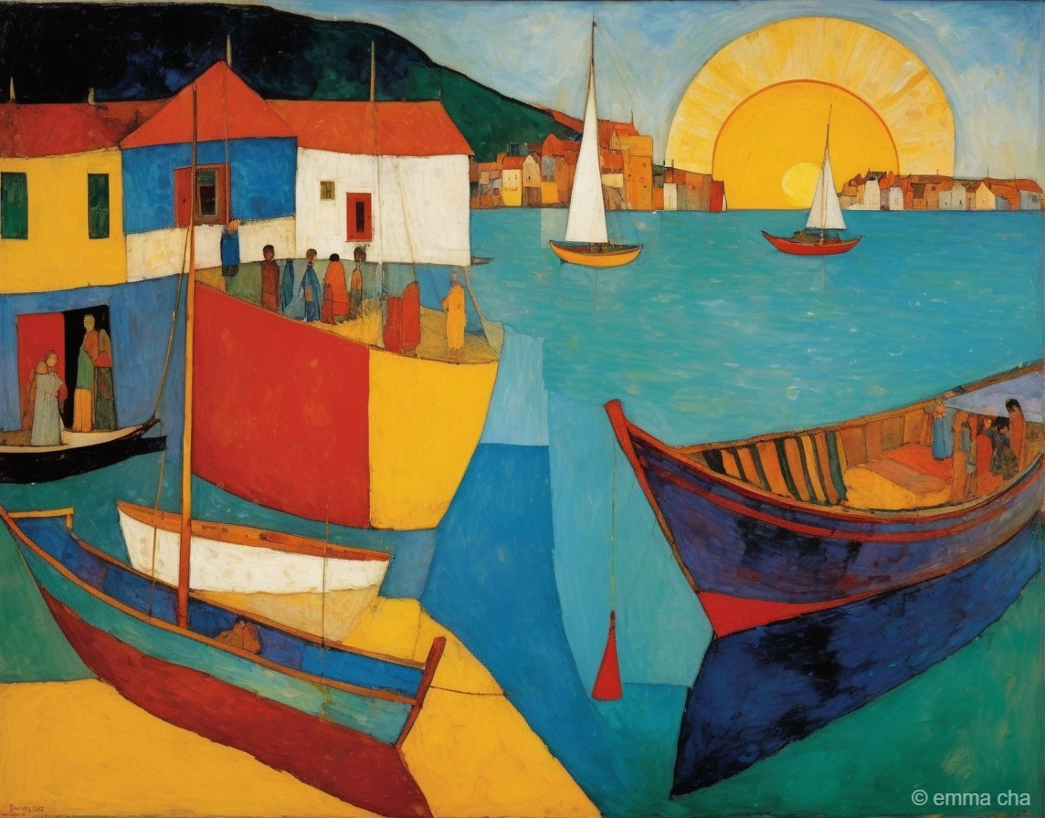 Vibrant seaside scene with colorful houses and boats