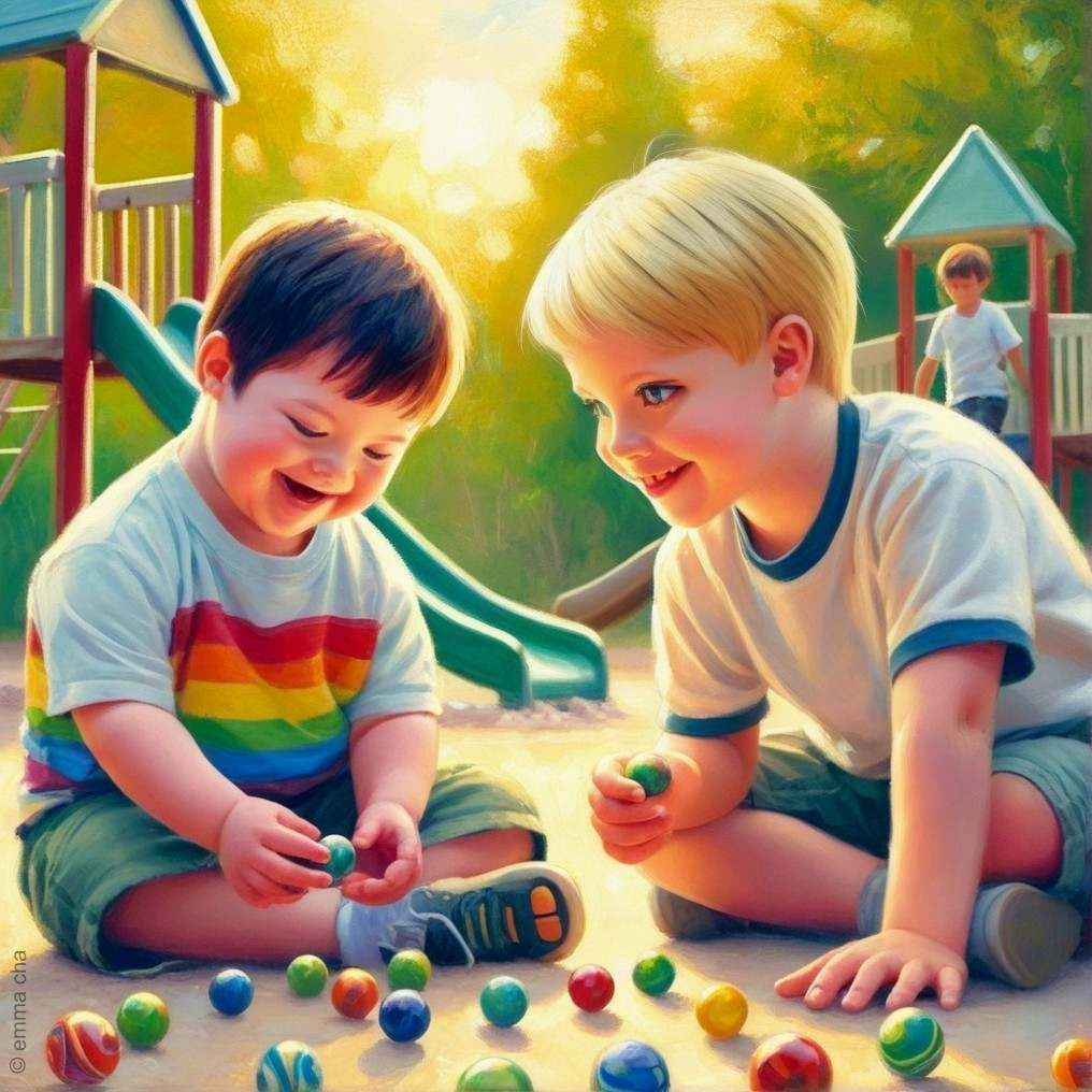 Boys Playing with Colorful Marbles on Sandy Playground