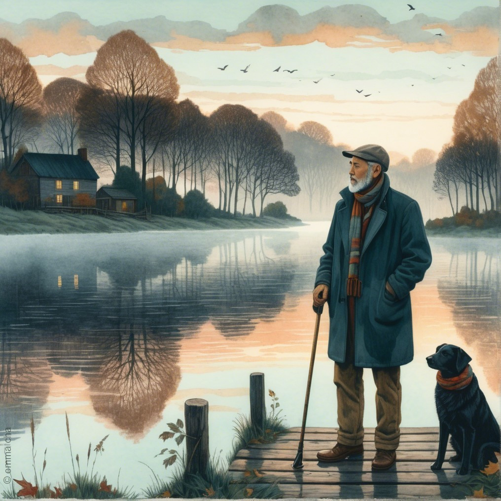 Elderly man by tranquil lake with black dog at dawn