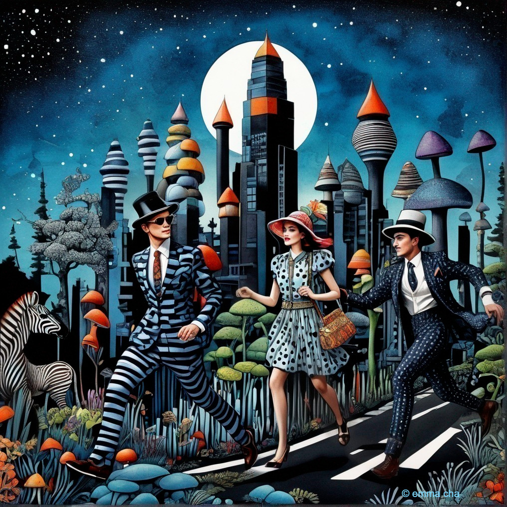 Whimsical Scene of Figures on a Surreal Mushroom Road
