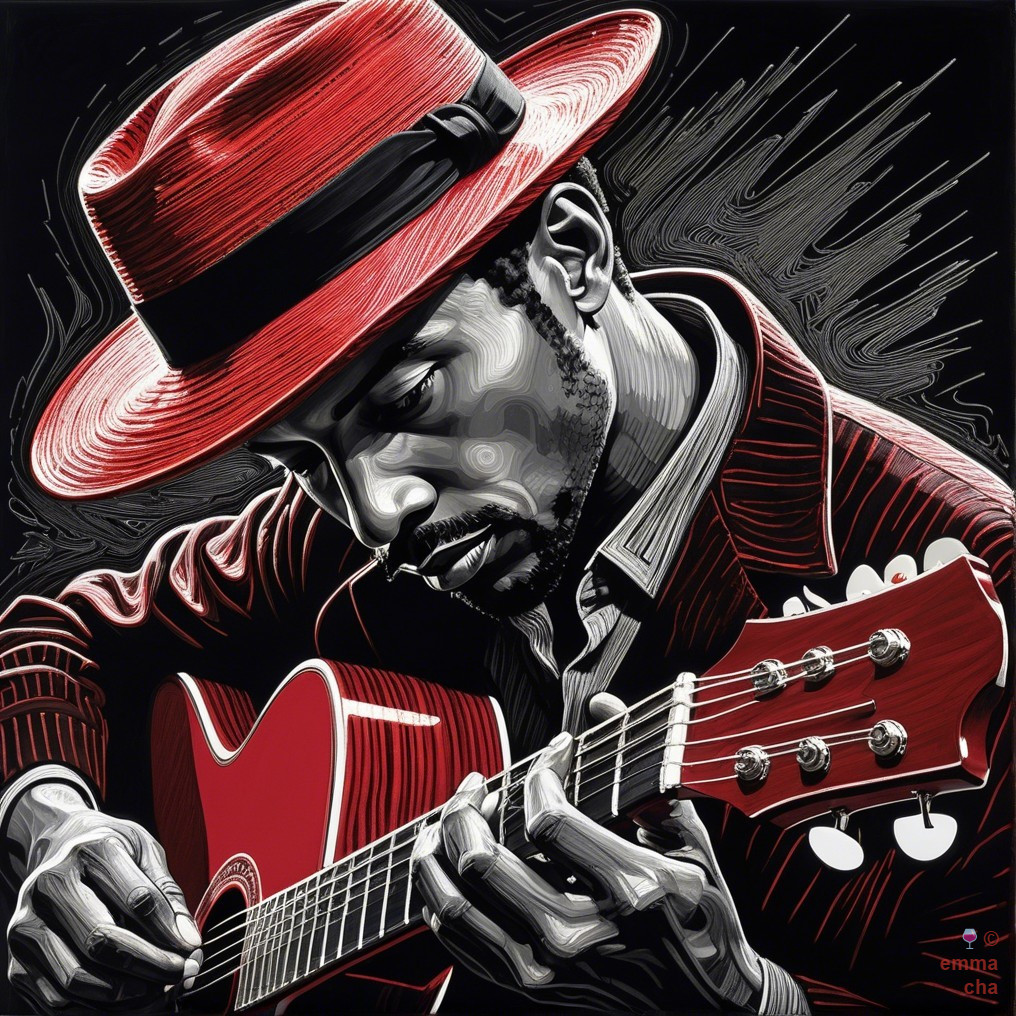 Stylish man in red fedora playing acoustic guitar