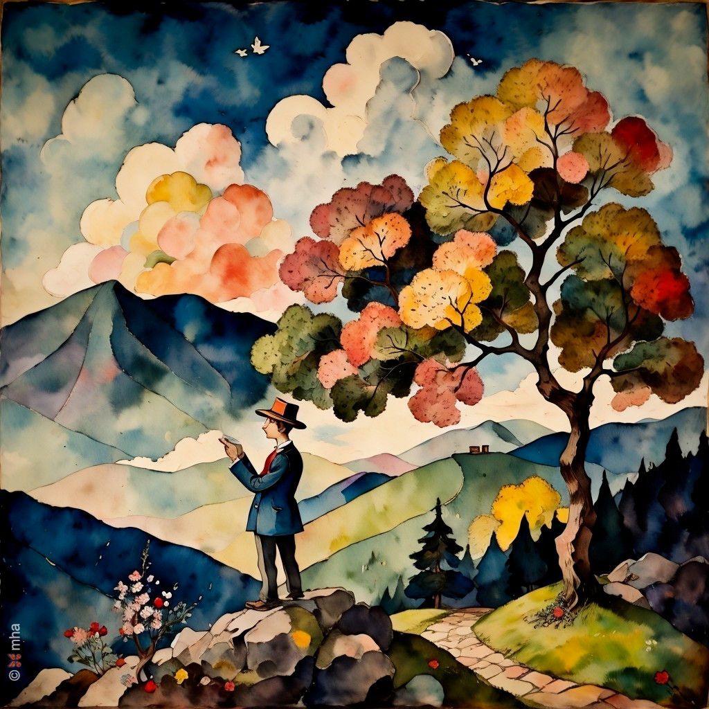 Serene Landscape with Man in Blue Coat and Autumn Trees