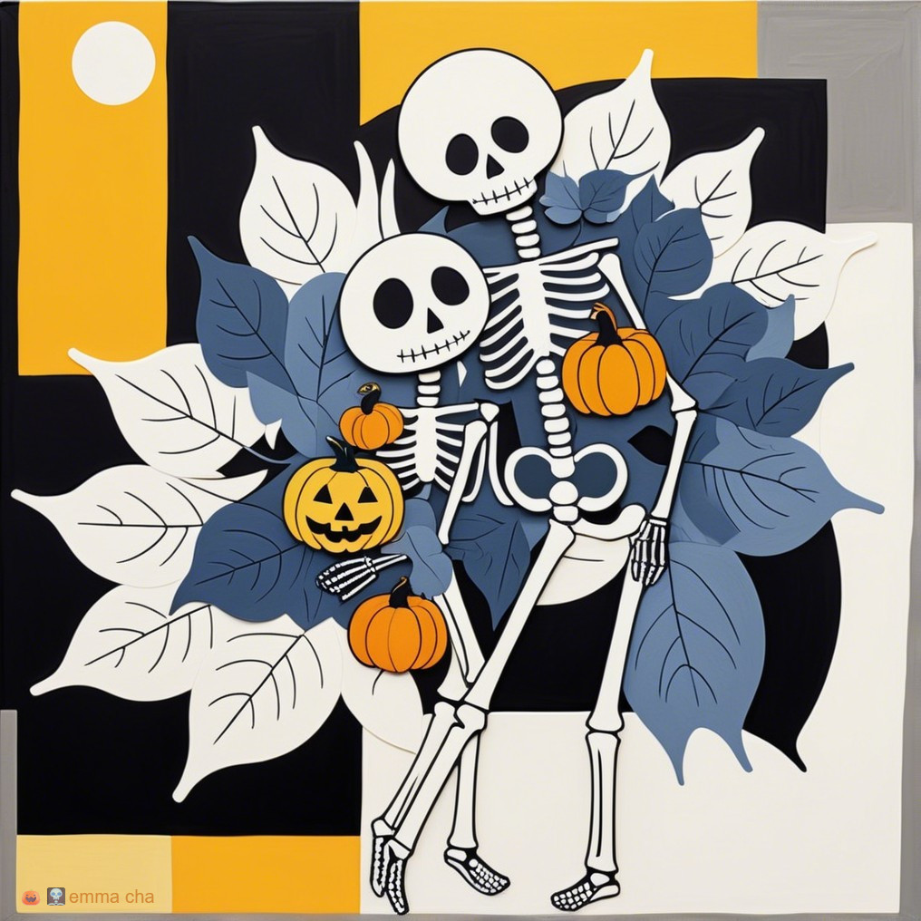 Colorful Cartoon Skeletons with Pumpkins and Leaves
