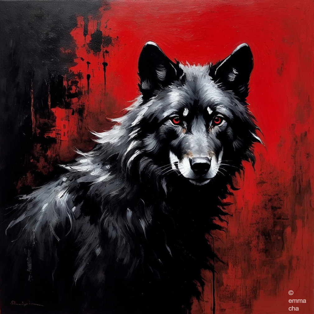 Black Wolf on Red Background with Textured Fur