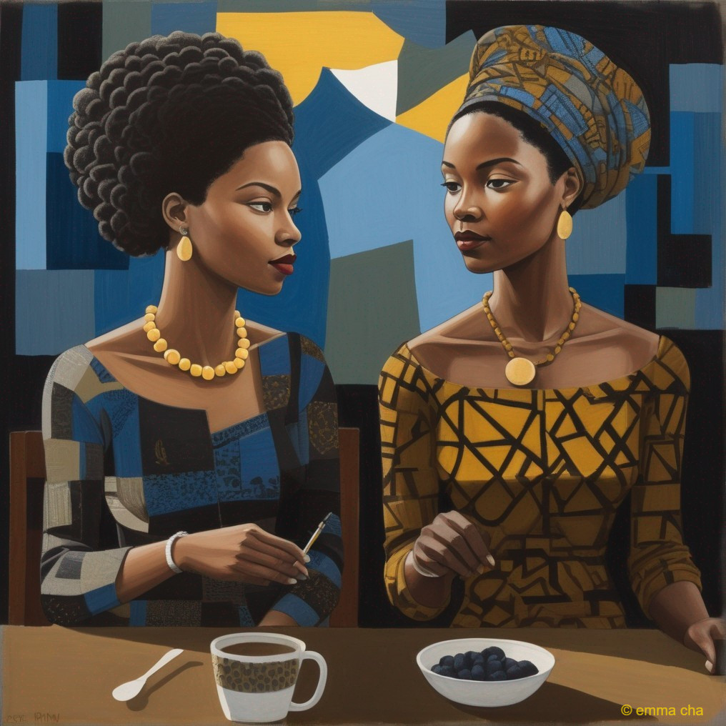 Two Women Conversing with Coffee and Abstract Shapes