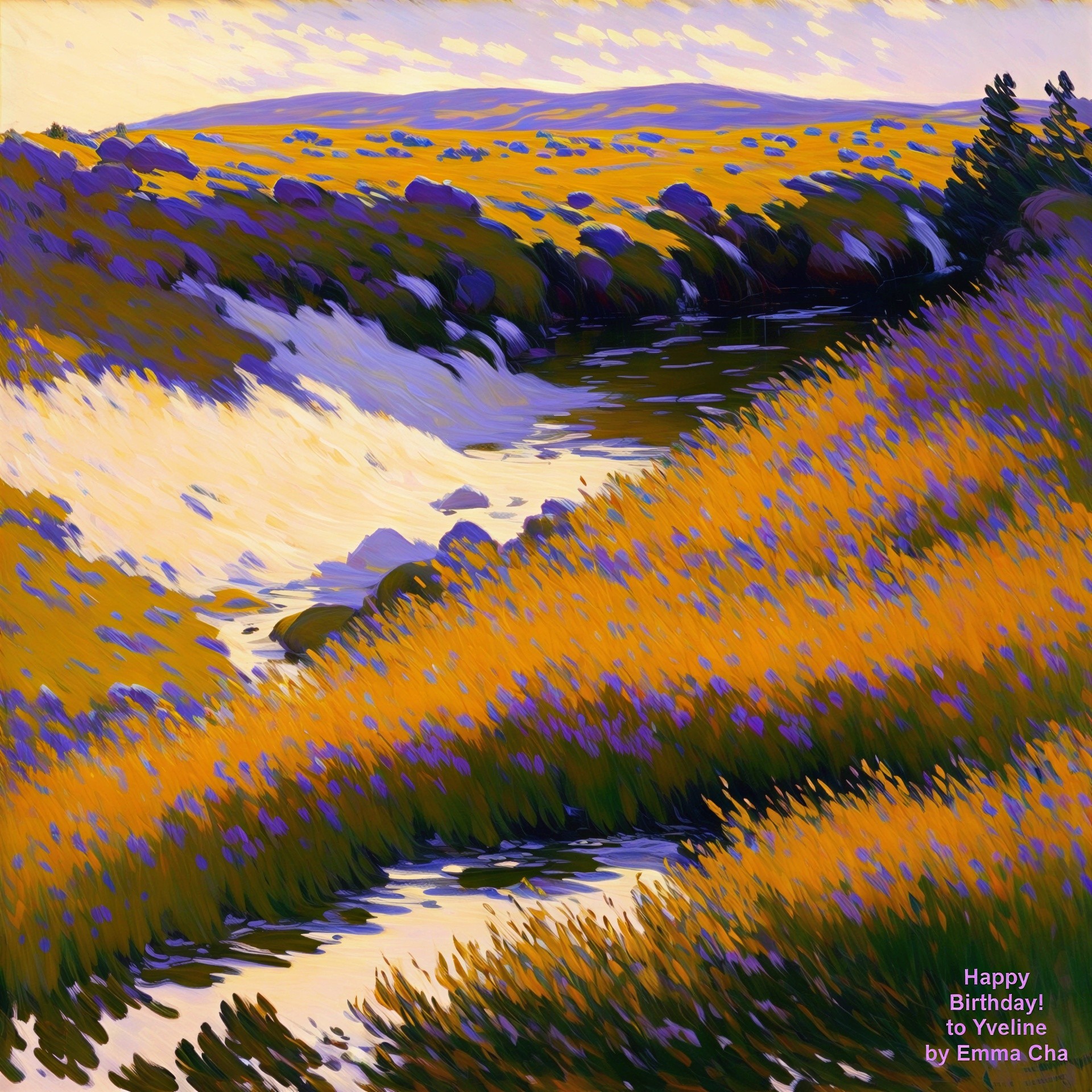 Vibrant Landscape with Rolling Hills and Stream