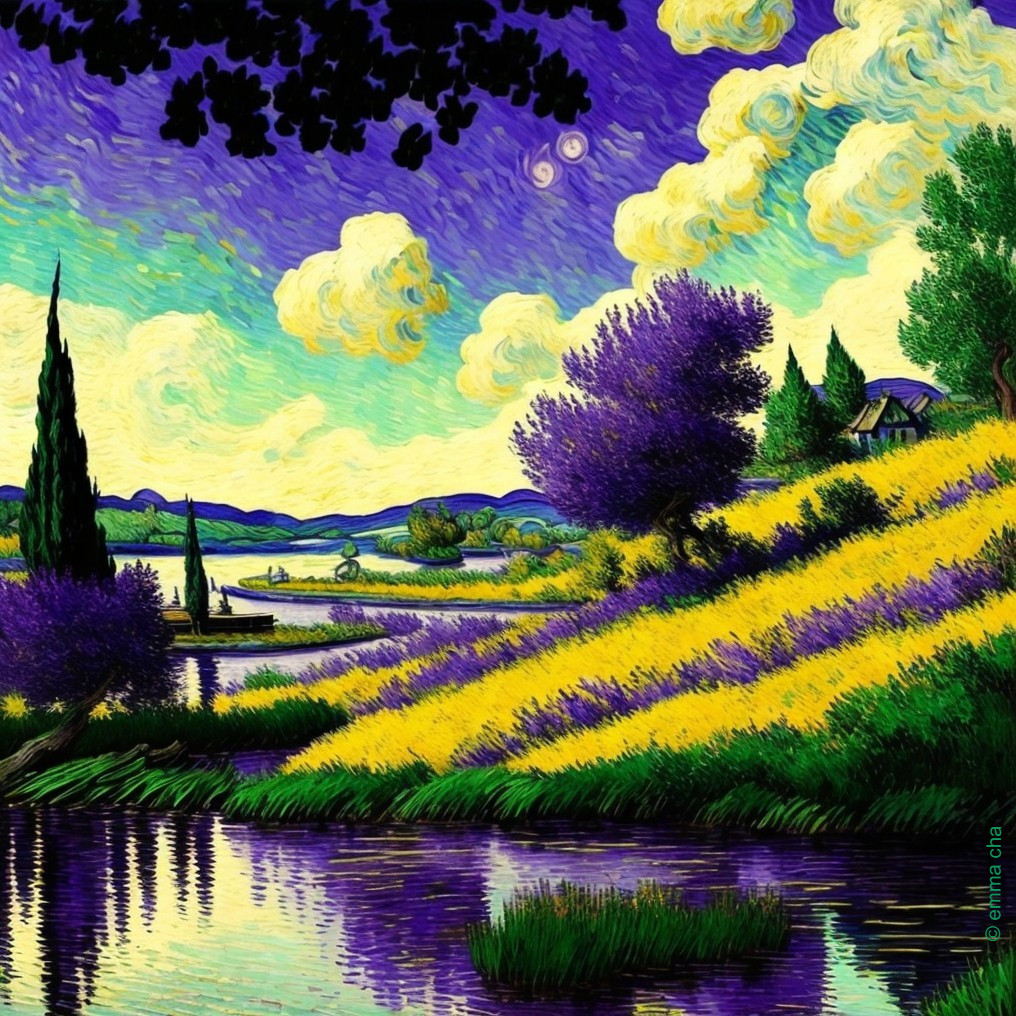 Vibrant Landscape with Lavender Fields and Tranquil Lake
