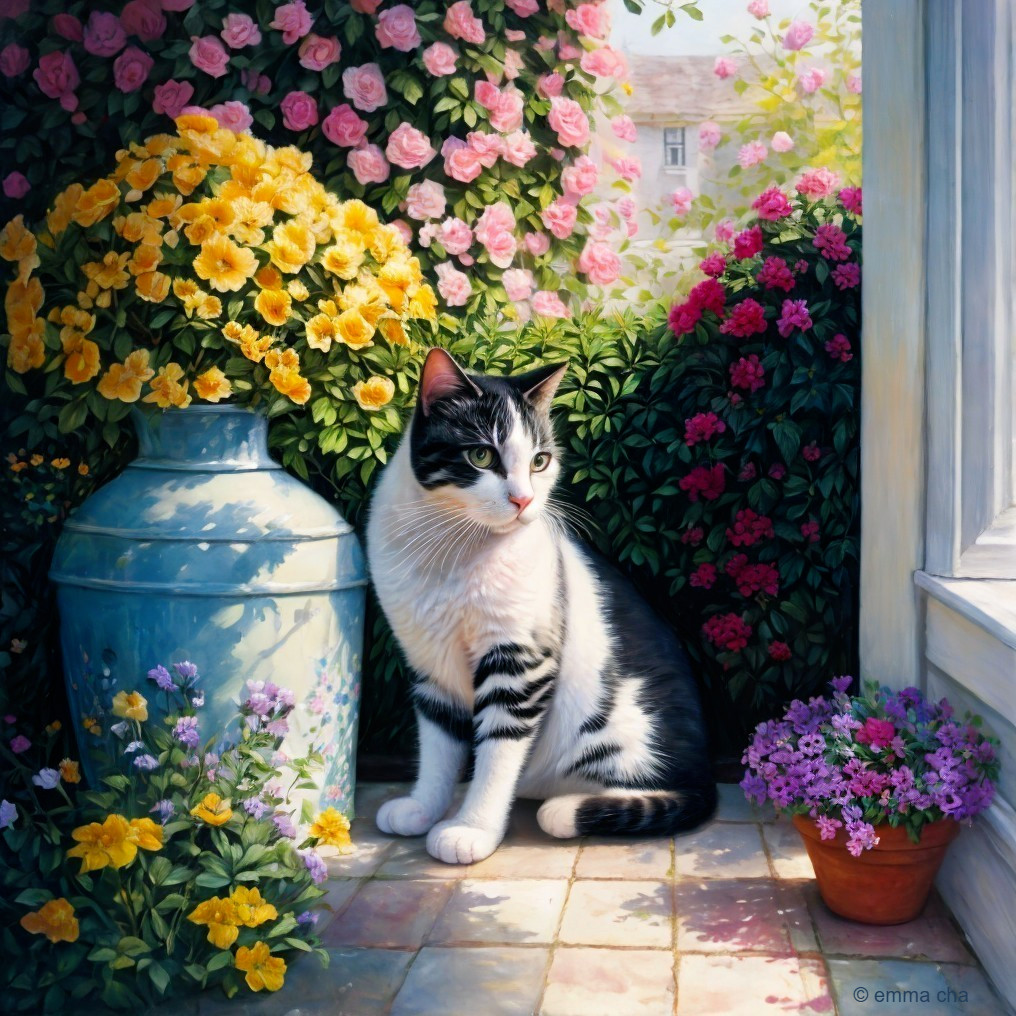 Charming Black and White Cat in Lively Garden Setting