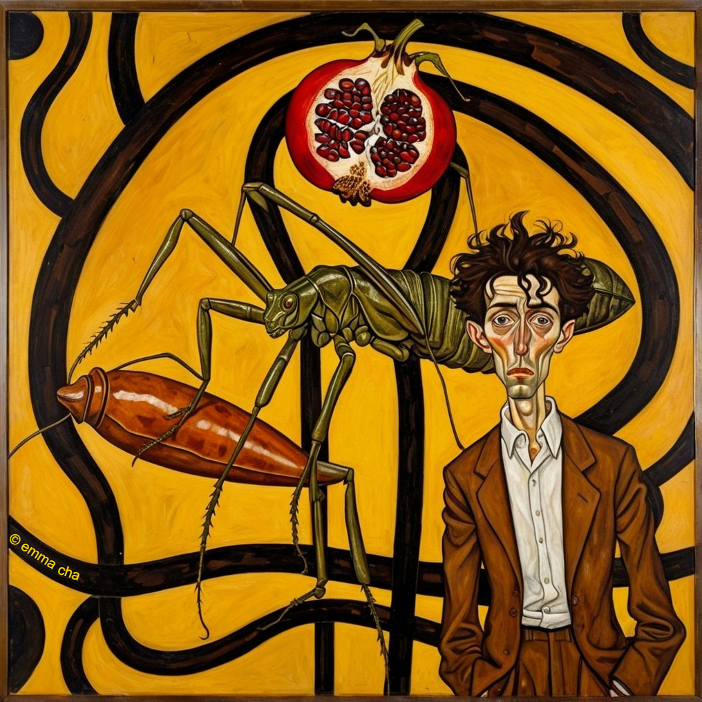 Surreal Artwork with Central Figure and Insects