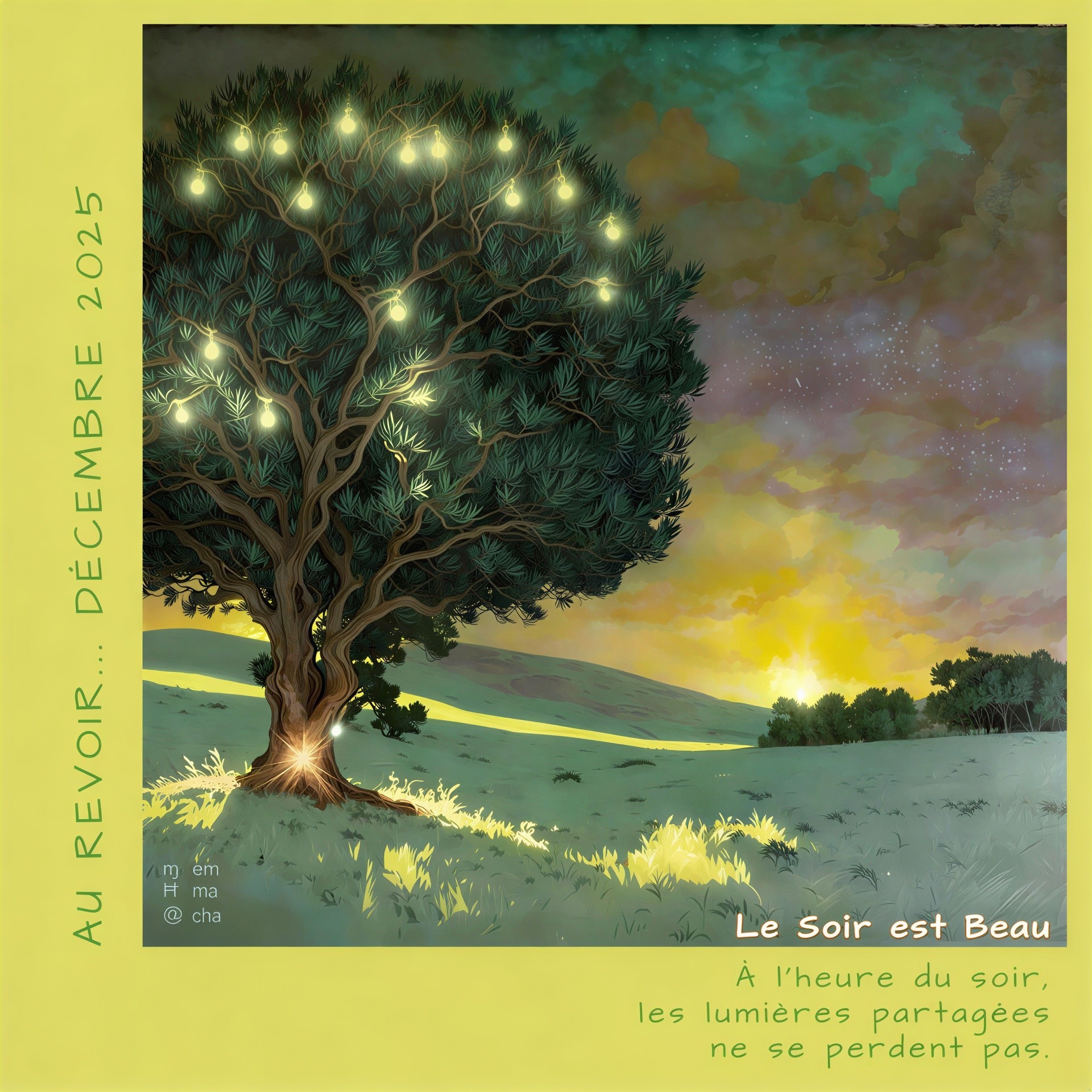 Majestic Pine Tree with Glowing Lights at Sunset