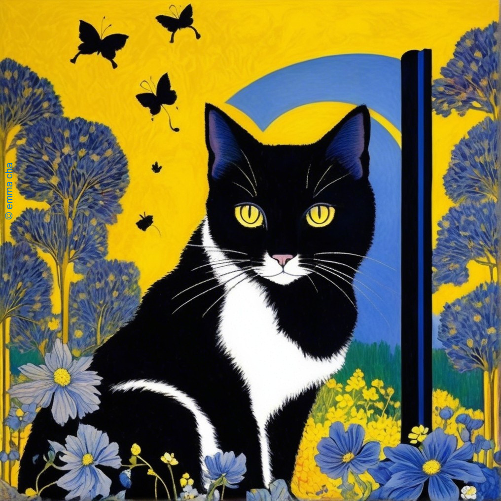 Black and White Cat Surrounded by Colorful Nature