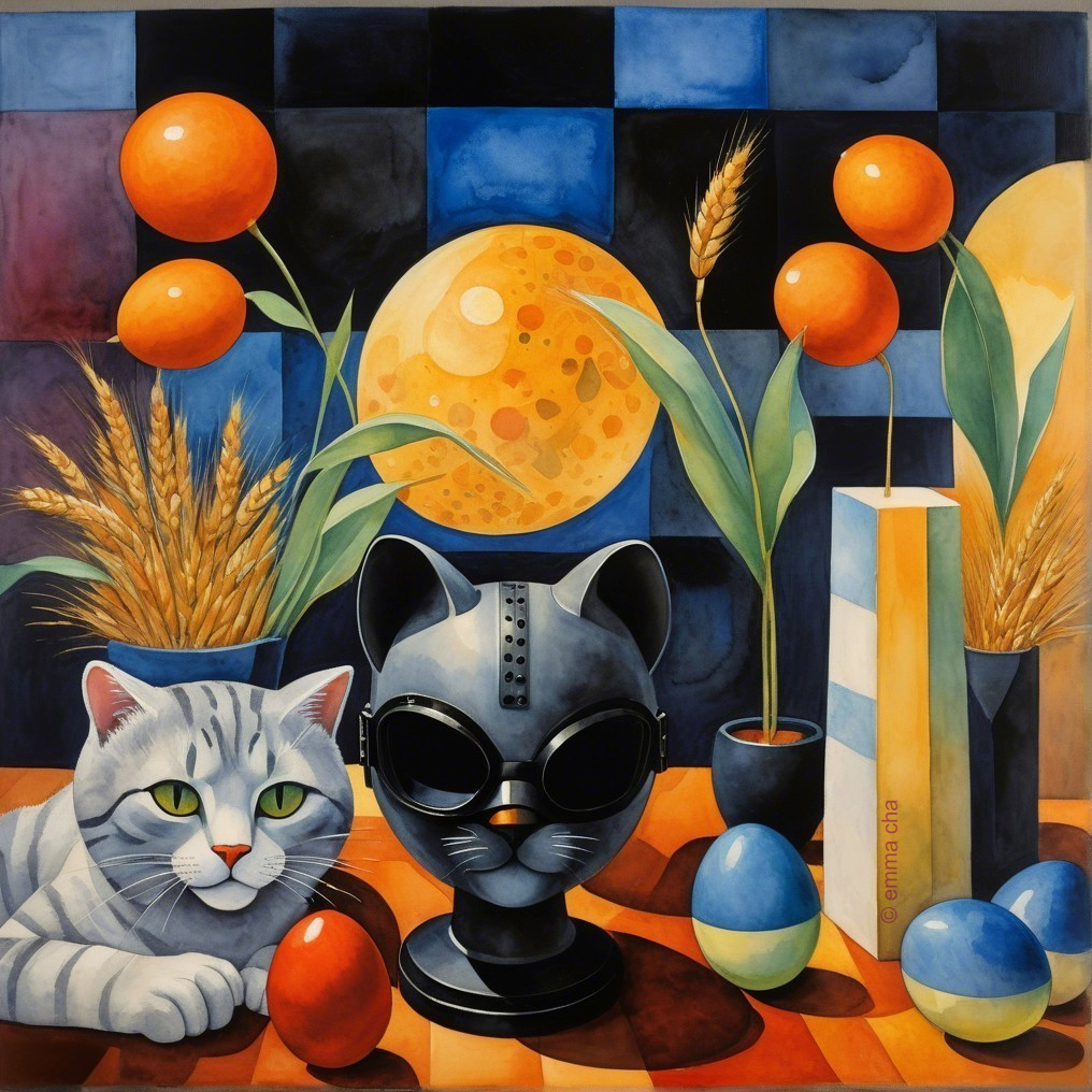 Vibrant Still Life with Cats and Colorful Elements