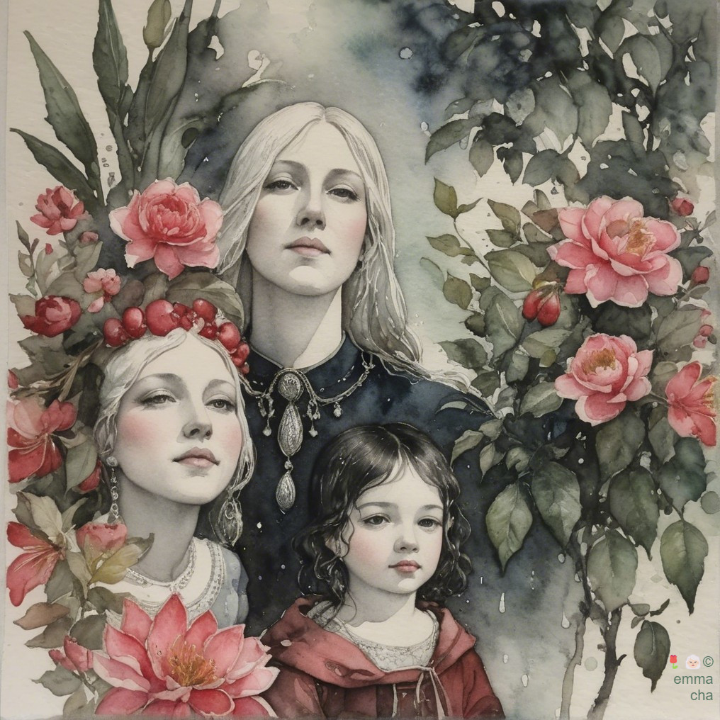 Three Women Surrounded by Flowers and Greenery