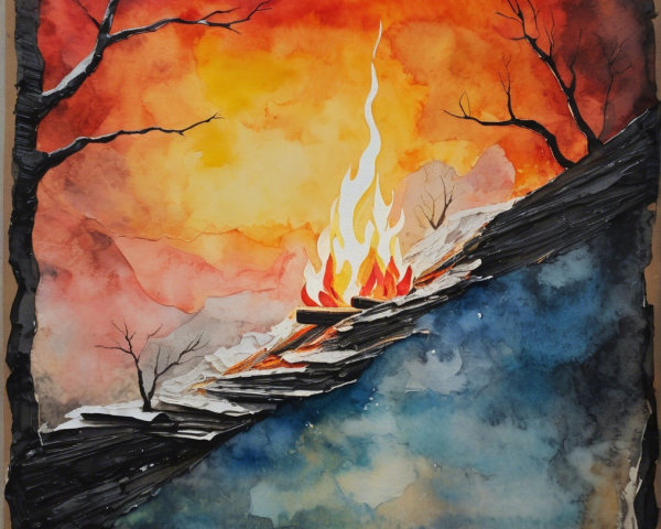 Fiery Blaze on Mountain with Sunset Sky in Watercolor