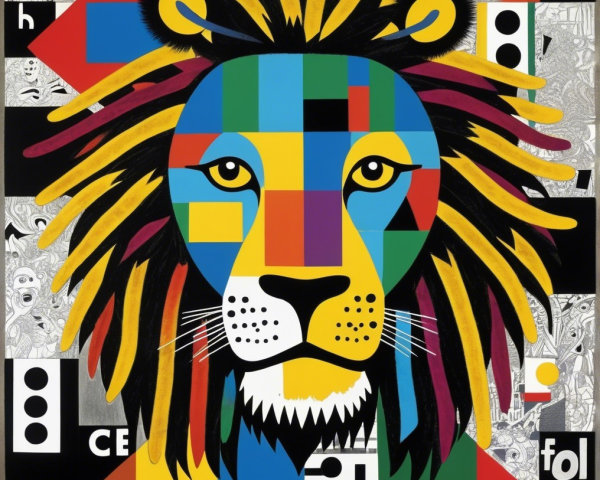 Abstract Lion Face with Bold Colors and Geometric Shapes