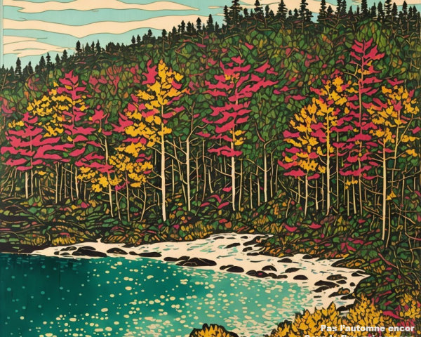 Coastal Scene with Evergreen and Deciduous Trees