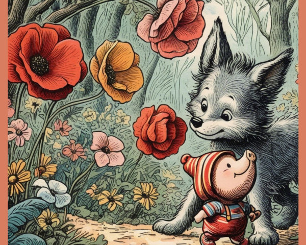 Whimsical Forest Scene with Cartoonish Gray Wolf