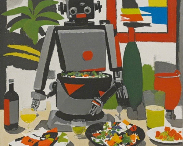Stylized Robot Prepares Vibrant Salad in Lively Kitchen