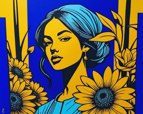 Stylized portrait of a young woman with sunflowers