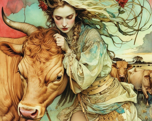 Serene Scene of Woman Embracing a Brown Cow