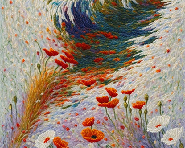 Vibrant Textile Artwork with Colorful Swirling Patterns