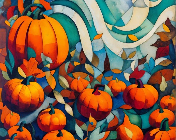 Abstract Composition of Colorful Pumpkins and Leaves