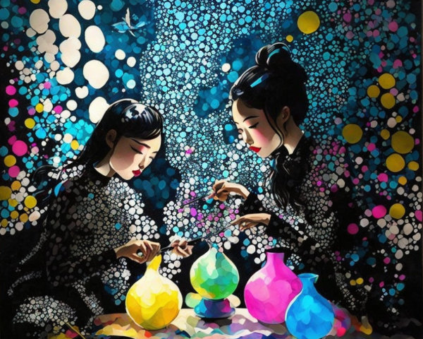Young Women Painting Colorful Vases in Vibrant Scene