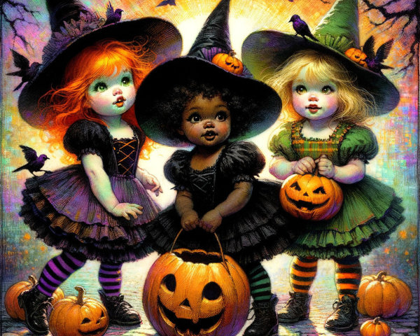 Three Young Witches in Colorful Costumes for Halloween