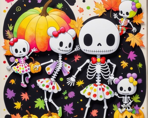 Playful Skeletons in Colorful Halloween Scene