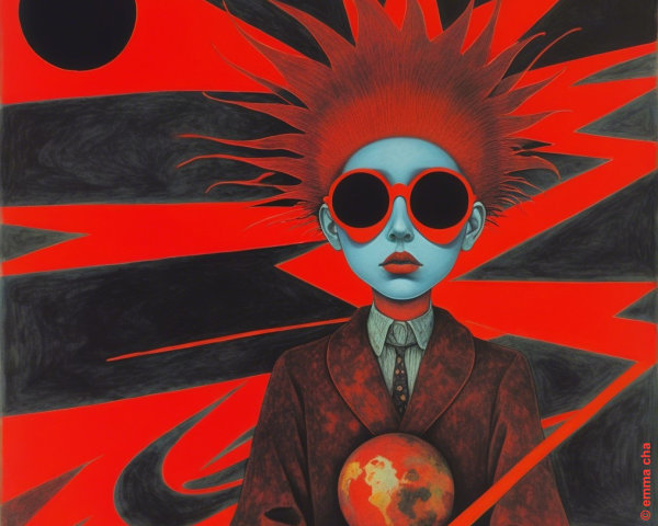 Surreal Artwork of Blue Figure with Globe and Geometric Shapes