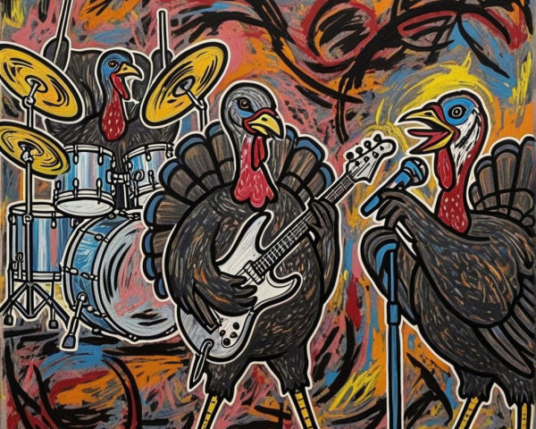 Anthropomorphic turkeys performing in a vibrant band