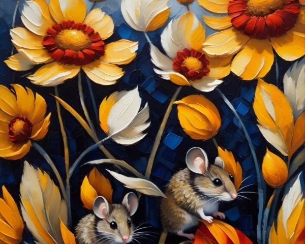 Vibrant Painting of Mice in Colorful Flower Garden