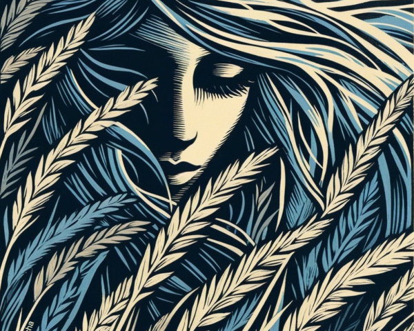 Stylized Portrait of Woman Among Grass Patterns