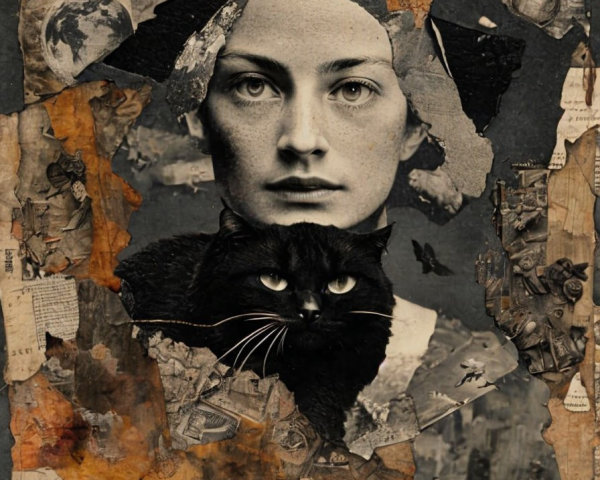 Vintage Portrait of Woman with Cats and Collage Elements