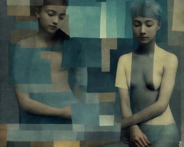 Serene Figures Against Abstract Blue Background