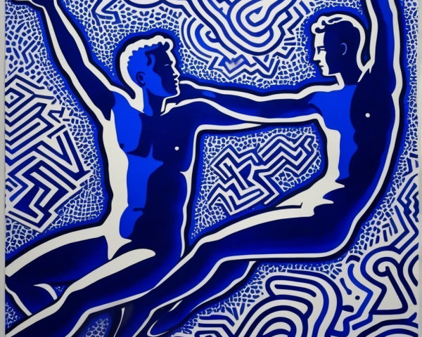 Stylized Figures in Blue with Abstract Background