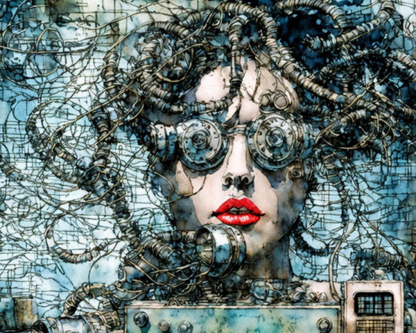 Stylized Female Figure with Mechanical Elements and Gears